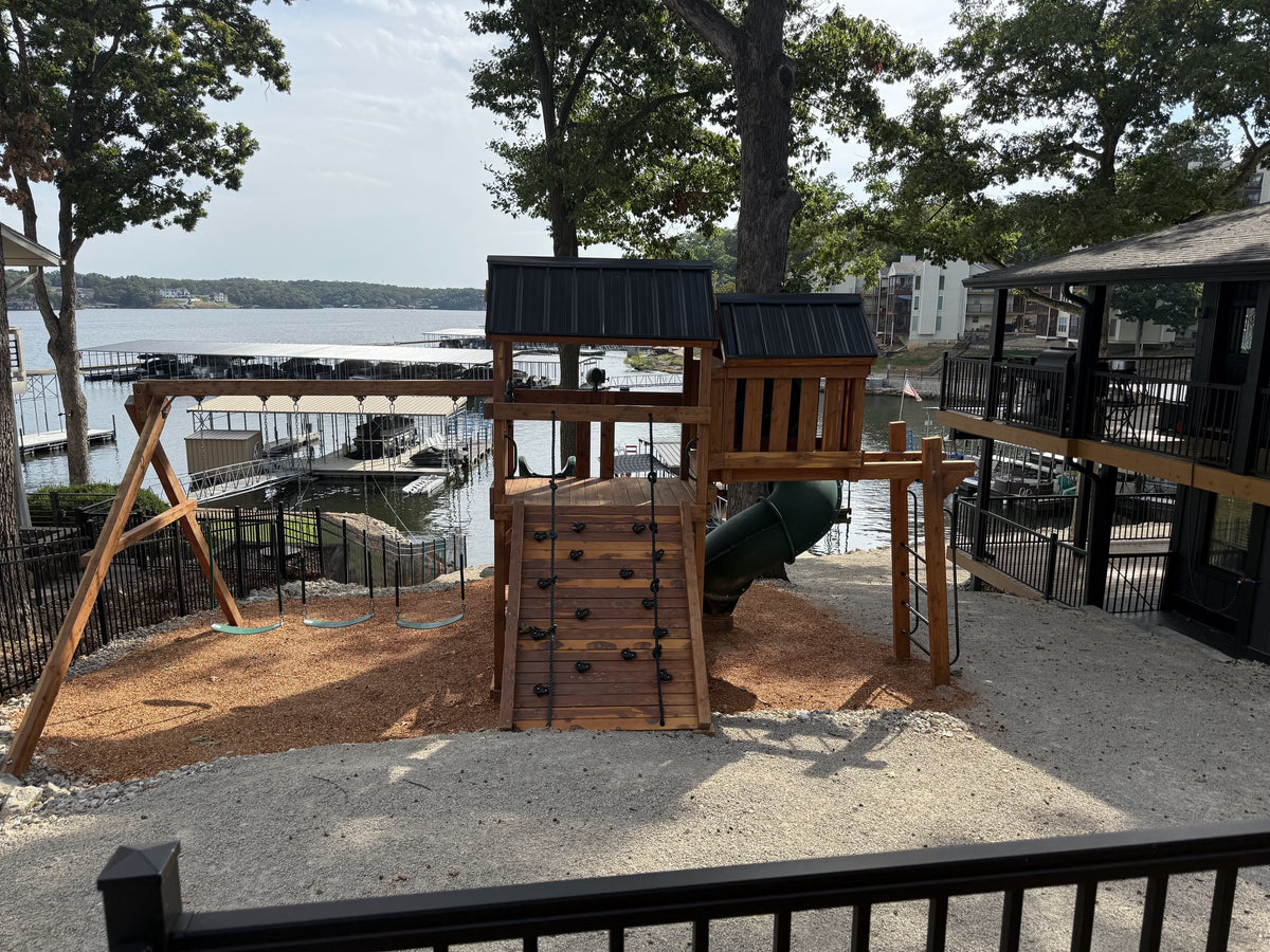 Ozark Playsets Bagnell cedar playset overlooking the Lake of the Ozarks