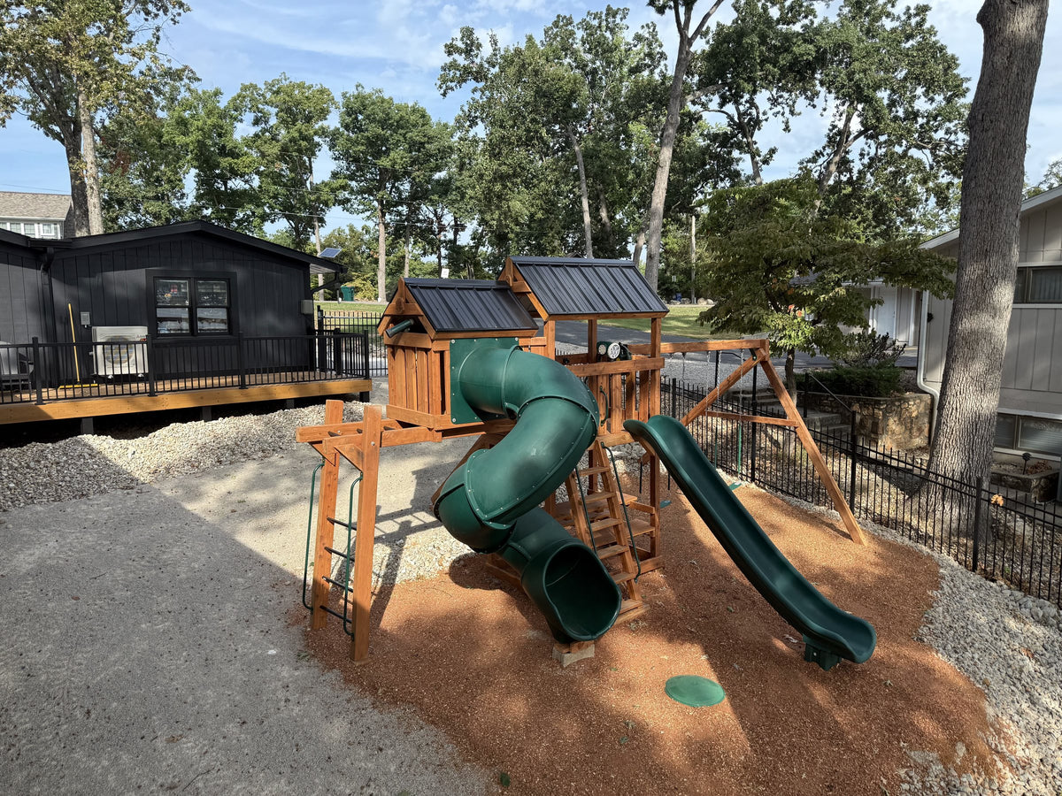Ozark Playsets Bagnell cedar playset with spiral and straight slides