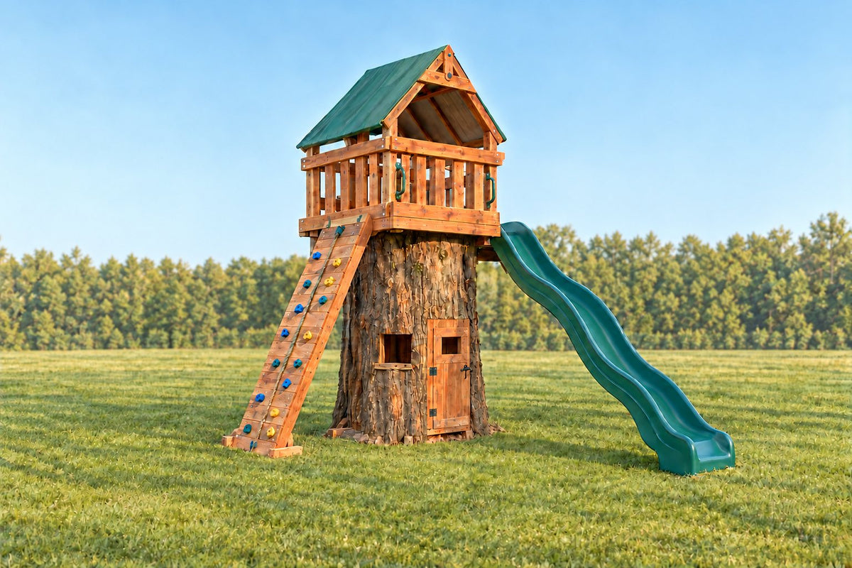 Illustration of an Ozark Cedar Tree Design 1 playset: fort with slide