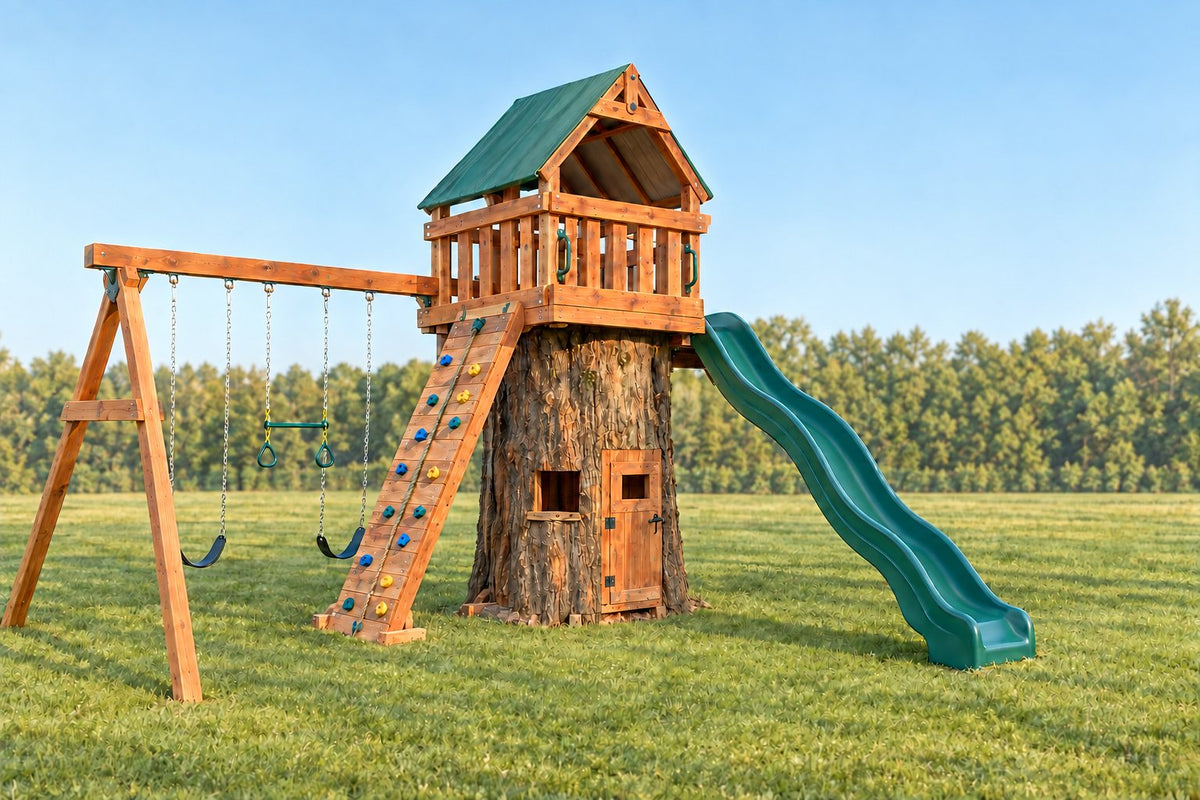 Illustration of an Ozark Cedar Tree Design 2 playset: fort with slide and swing beam