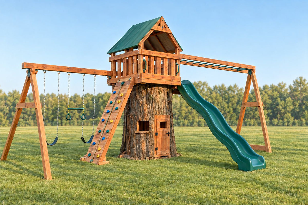 Illustration of an Ozark Cedar Tree Design 3 playset: fort with slide, swing beam and monkey bars