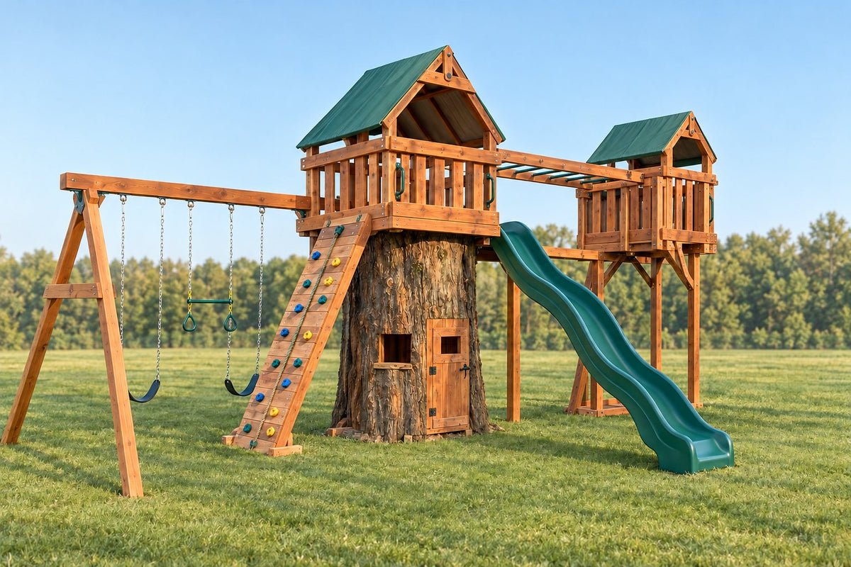 Illustration of an Ozark Cedar Tree Design 4 playset: fort with slide, swing beam, monkey bars and hurricane deck