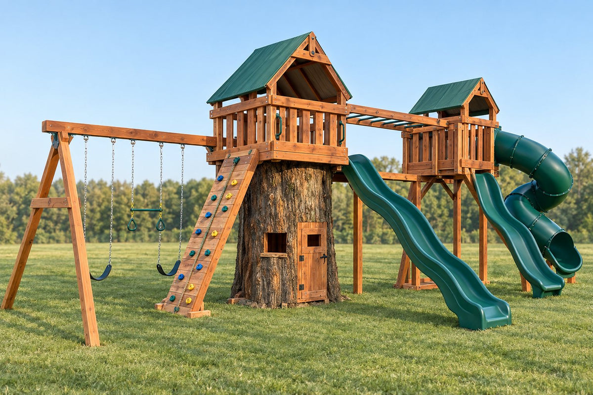 Illustration of an Ozark Cedar Tree Design 5 playset: fort with slide, swing beam, monkey bars, hurricane deck, hurricane slide and 360° spiral tube slide