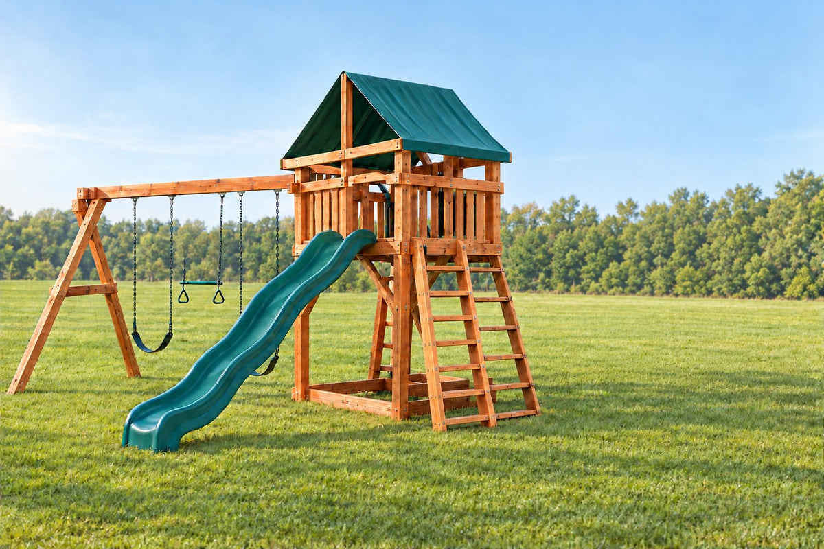 Illustration of an Ozark Fort Osage Design 2 playset: fort with slide and swing beam