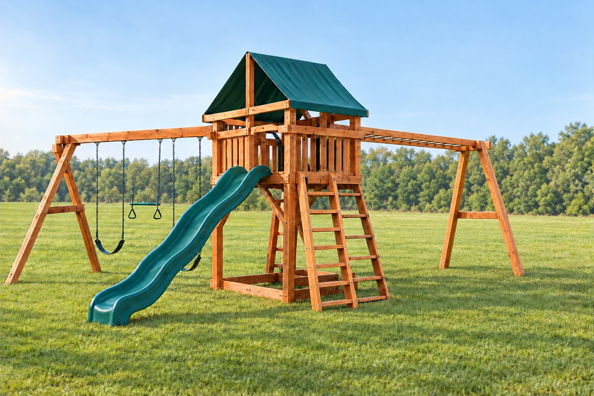 Illustration of an Ozark Fort Osage Design 3 playset: fort with slide, swing beam and monkey bars