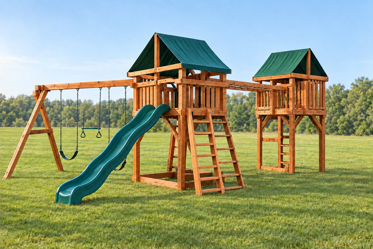 Illustration of an Ozark Fort Osage Design 4 playset: fort with slide, swing beam, monkey bars and hurricane deck