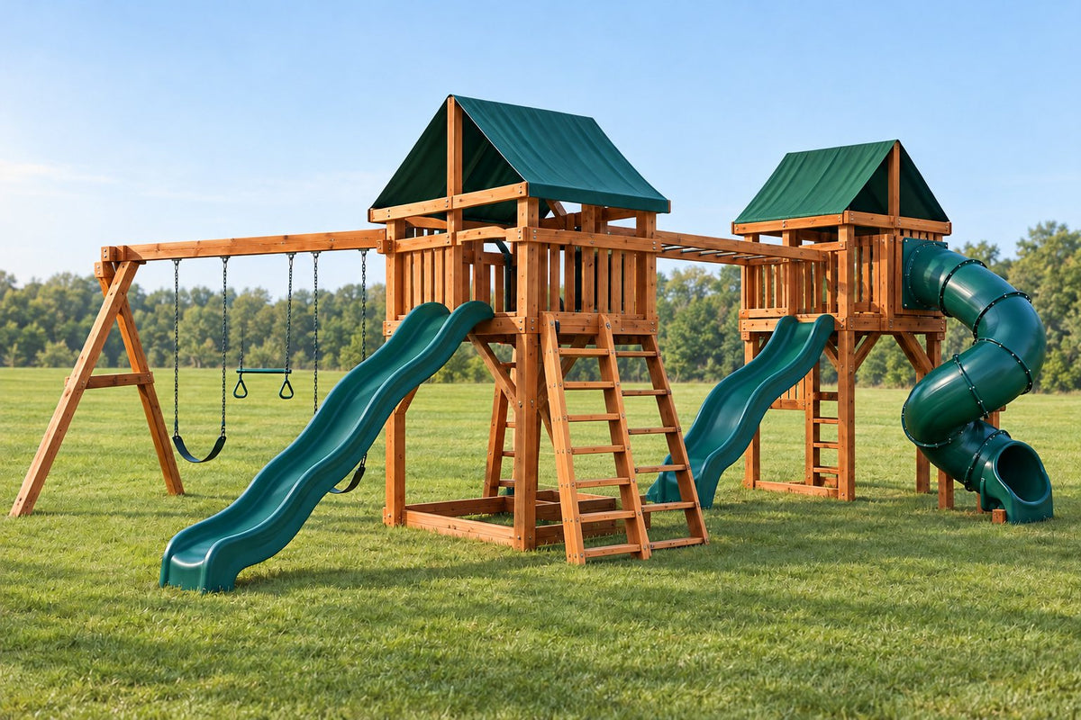 Illustration of an Ozark Fort Osage Design 5 playset: fort with slide, swing beam, monkey bars, hurricane deck, hurricane slide and 360° spiral tube slide