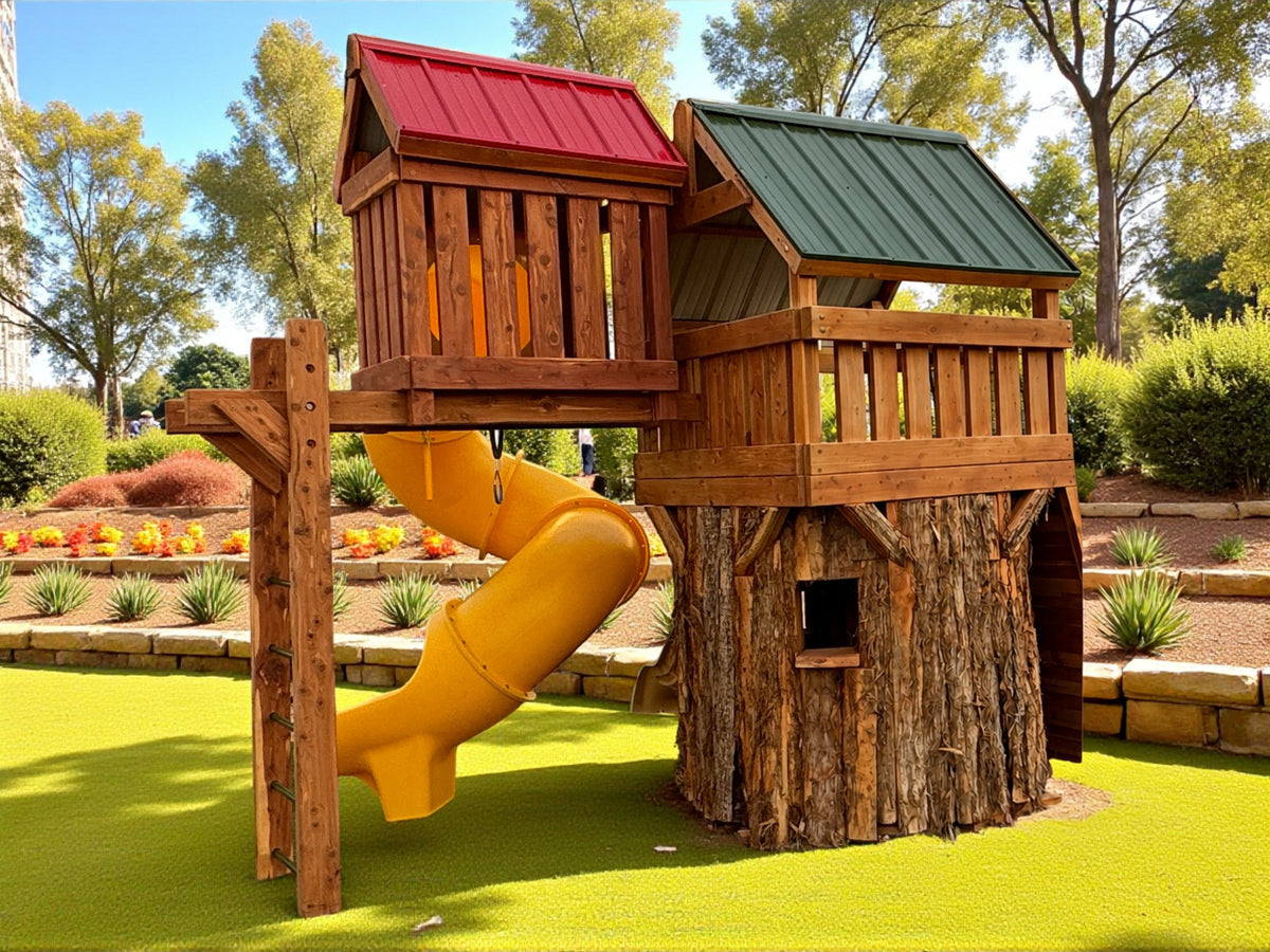 Ozark cedar tree-trunk playset tower with green metal roof and yellow tube slide