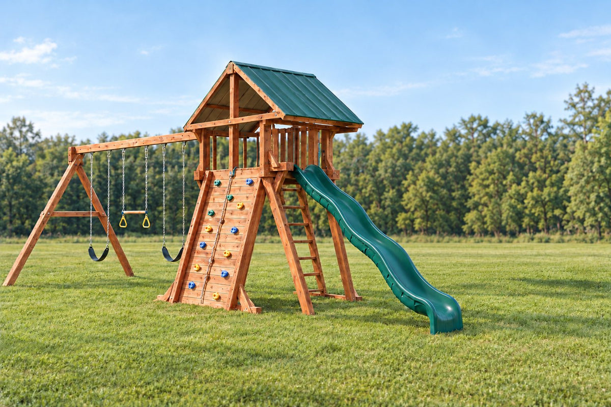 Illustration of an Ozark Ozark Mountain Design 2 playset: fort with slide and swing beam