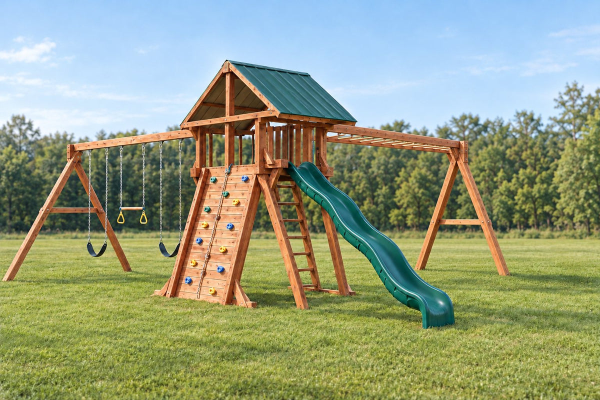 Illustration of an Ozark Ozark Mountain Design 3 playset: fort with slide, swing beam and monkey bars