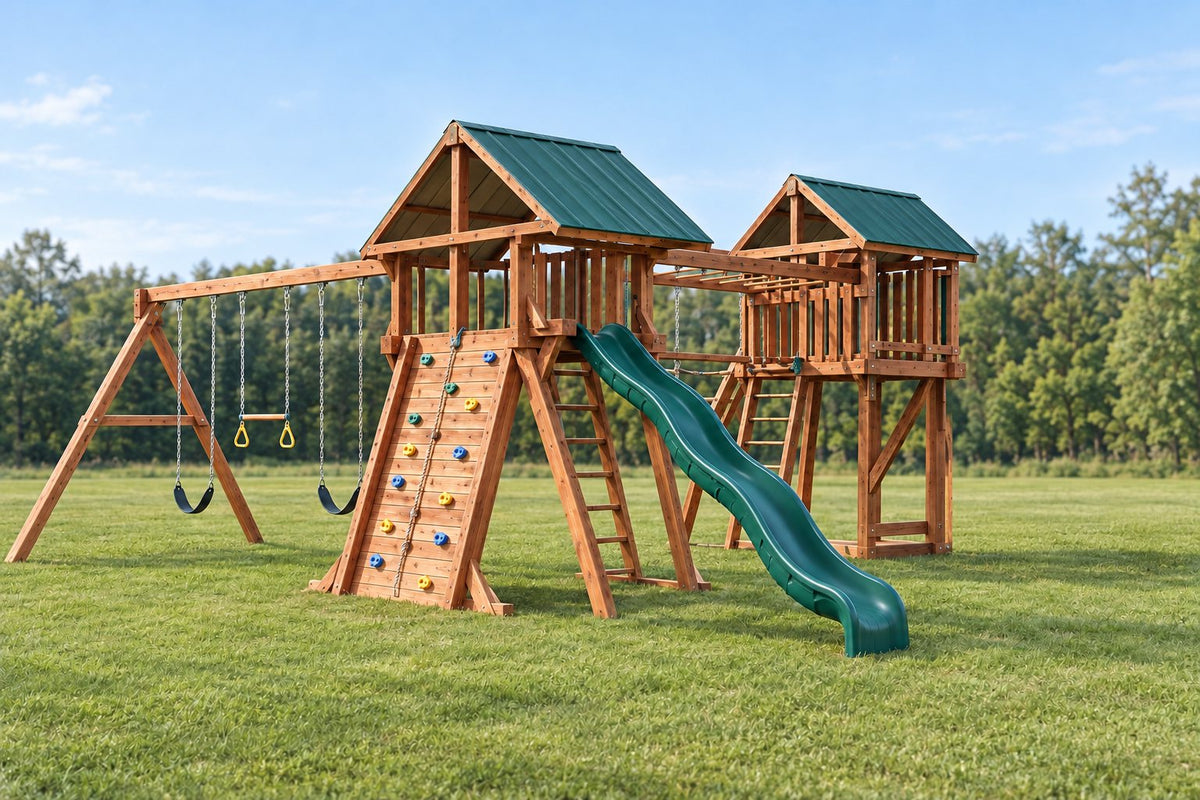 Illustration of an Ozark Ozark Mountain Design 4 playset: fort with slide, swing beam, monkey bars and hurricane deck