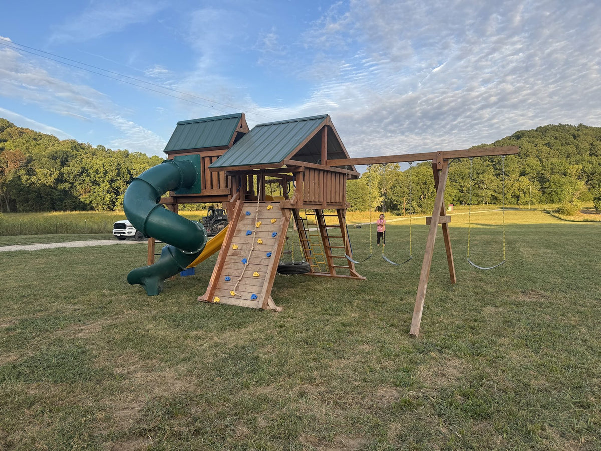 Ozark twin-tower playset overlooking Ozark hills